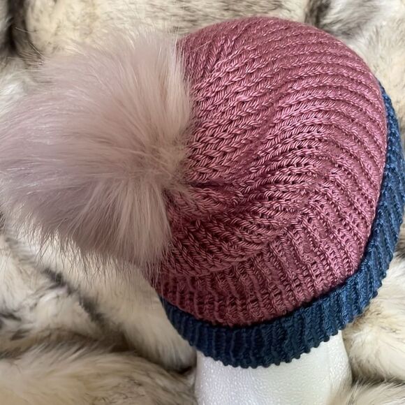 Dusty Rose and Light Country Blue Beanie w/ Cream Pom Pom - Hand Knit By Douglas - Picture 2 of 4
